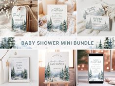 baby shower mini bundle with pine trees, snow and lights in the background is an image of