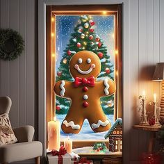 a lighted gingerbread man standing in front of a christmas tree with lights on it