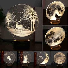 four different views of the moon and deer in the night sky with various lighting effects