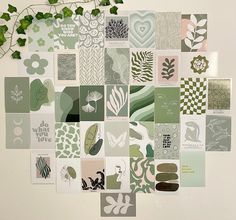 a collage of green and white images with leaves on them, arranged in the shape of a heart