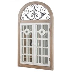 an arched window with iron work on the top and side panels, is shown against a white background