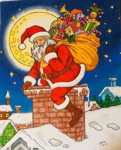 a drawing of santa claus climbing a chimney