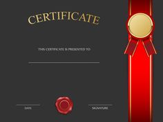 a certificate with a red ribbon and a gold seal on it's side, in front of a black background