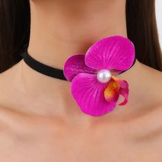 Adjustable Orchid Choker Necklace With Faux Pearl Decor, Fashionable & Sexy Choker Perfect For Vacation, Beach & Holiday Boho Stye Unique & Trendy Jewelry & Accessories Floral Jewelry Color: Rose Red Trendy Choker For Valentine's Day Party, Trendy Party Choker For Valentine's Day, Trendy Valentine's Day Party Choker, Trendy Red Choker For Party, Trendy Red Party Choker, Trendy Flower Necklace For Party, Trendy Flower Necklaces For Party, Trendy Flower Shape Necklaces For Party, Summer Party Flower Shaped Choker