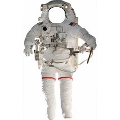 an astronaut in white space suit with red accents