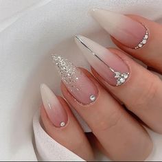 Press On Nails 24 Count Glossy Gradient With Rhinestones Almond Shape Comes With Jelly Glue And Nail File New Fake Nails Long, Nagel Tips, Nails Set, Fake Nails With Glue, Nail Supplies, Nail Length, Bridal Nails, Birthday Nails, False Nail