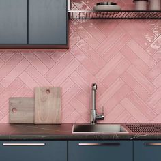 Kitchen Backsplash featuring the Slide Pink Glossy 3x12 Subway Wall Tile by Mineral Tiles Best Kitchen Design, Ceramic Molds, Ceramic Subway Tile, Chanel Pink, Ceramic Mosaic Tile, Pink Tiles, Chanel Collection, Fresh Color, Tiles Design