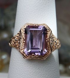 2.3ct Purple Amethyst Sterling Silver & Rose Gold Floral Filigree Ring Size {Made To Order} Design #148 by SilverEmbraceJewelry on Etsy Rectangle Design, Floral Filigree, Vintage Revival, Purple Amethyst Ring, Order Design, Daisy Design, Setting Ideas, Edwardian Style, Amethyst Gold