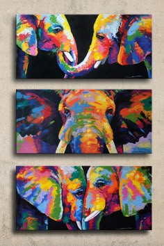 two paintings of elephants with different colors on them