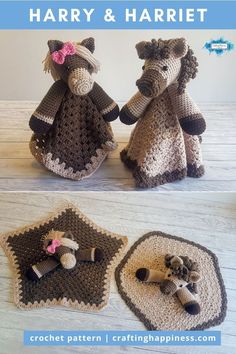 two crocheted stuffed animals sitting next to each other