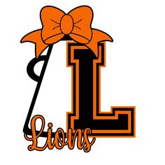 an orange and black letter l with a bow on it's head that says lions