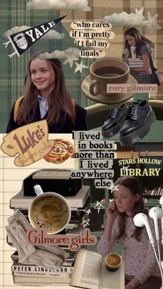 a collage of images with coffee, books and other things to read on them