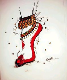 a drawing of a red shoe with beads on it