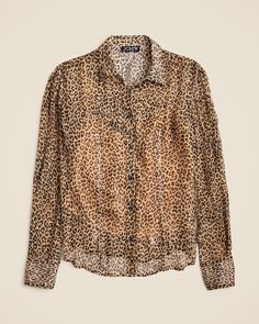 Sheer leopard-print shirt in crinkle chiffon Elegant Leopard Print Blouse For Spring, Fall Tiger Print Tops, Elegant Leopard Print Blouse For Summer, Leopard Print Summer Workwear Top, Summer Workwear Leopard Print Tops, Summer Leopard Print Tops For Workwear, Leopard Print Tops For Summer Workwear, Summer Leopard Print Top For Work, Fall Leopard Print Blouse With Ruffles