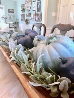 some blue pumpkins are sitting on a table