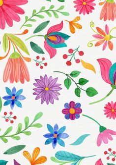 watercolor flowers and leaves are painted on a white background with red, green, blue, pink, purple, yellow