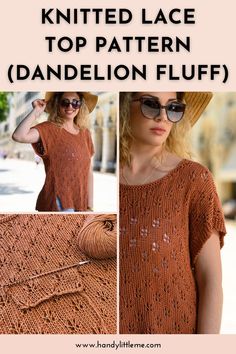 a knitted lace top pattern is shown with the words, knitting and crochet