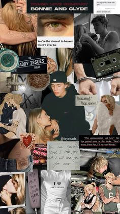 the collage shows many different pictures and words on it's side, including one woman