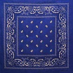 a blue bandanna with white designs on it