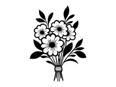 a bouquet of flowers with leaves and stems on a white background is drawn by hand