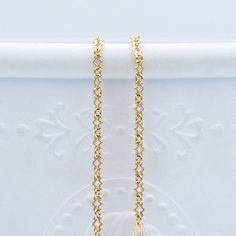 a pair of gold chain earrings on a white background