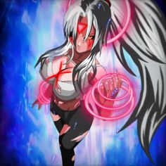 an anime character with white hair and red eyes holding a neon ring in her hand