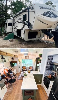 two pictures of a kitchen and living room in a trailer or home with wood flooring