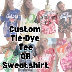 Gear up for gameday in this awesome customizable tie-dye tee/sweatshirt!  ☆Unisex/mens sizing and runs true to size. ☆Photos are a sample. Customer order will be variation of sample. ☆Design will be coordinated with school colors to stand out best on tie-dye tee. ☆Special sizing and requests available (add in notes). ☆Heavy Cotton™ T-Shirt - Gildan 5000,  ☆Heavy Blend™ Crewneck Sweatshirt - Gildan 18000 ☆Heavy Blend™ Hooded Sweatshirt - Gildan 18500 ☆RariTees by KEO is not affiliated, sponsored, endorsed, and/or licensed by the NFL, MLB, NHL, NBA, NCAA, or any college and/or professional sports team/league. Customizable Casual Sublimation Fan Gear, Cheap College T-shirt With Sublimation Print, Customizable College Fan Apparel T-shirt, Cotton Sublimation T-shirt With School Spirit For College, Long Sleeve College T-shirt With Team Spirit, Gray College T-shirt For Sports Season, University Shirt, College Shirts, College Sweatshirt