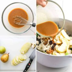 four pictures showing how to make caramel sauce for apples and other foodstuffs