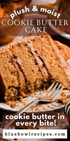 a close up of a slice of cake on a plate with the words, plush & moist cookie butter cake