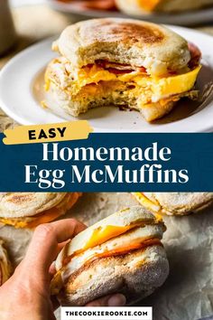 an egg and cheese sandwich on a plate with the words easy homemade egg muffins