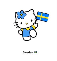 a hello kitty holding a swedish flag in her hand and the word sweden on it