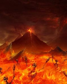 a group of skeletons dancing in front of a volcano