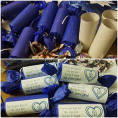 several different pictures of blue paper wrapped in plastic wrappers and with hearts on them