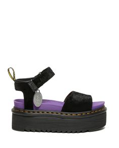 Freedom to move. Freedom from stereotypes. X-girl has always been interested in creating “real clothing” that allows girls to dress on their own terms. This tough yet relaxed attitude runs through the Strap X-girl Sandal. The black velvet upper is contrasted with a Purple X-girl footbed and a leopard-print-lined vamp strap. The sandal’s dual branding is also finished with a brushed silver dog tag. The Strap X-girl Sandal features our tallest sandal sole yet — the towering Max, featuring a padded Purple Sandals, Girls Sandals, Dr. Martens, Cute Shoes, Strap Sandals, Platform Sandals, Black Sandals, Loafer Shoes, Black Velvet