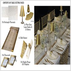 the table is set with gold and white decorations