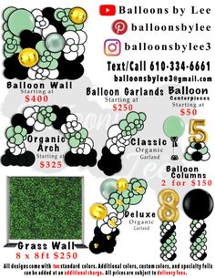 an advertisement for balloons and balloons in green, black, white and gold colors with the text balloon wall on it