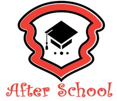 the after school logo with a red frame and a graduation cap on it's head