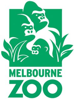 the melbourne zoo logo is shown in green and white, with an image of two gorillas