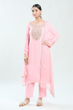 Light pink straight kurta with floral pittan embroidered yoke. Paired with coordinating pant and lace embroidered dupatta. - Aza Fashions Pink Kurta, Embroidered Dupatta, Straight Kurta, Embroidery Floral, Pants Pattern, Pant Set, Set For Women, Aza Fashion, Floral Embroidery