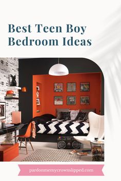 an orange and black bedroom with the words best teen boy bedroom ideas on it's wall