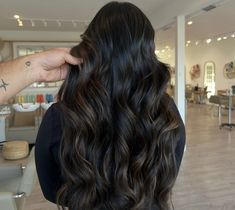 Dark Brown Golden Balayage, Darkest Brown Hair Balayage, Espresso Balayage On Black Hair, Baby Lights Black Hair, Light Brown Balayage On Black Hair, Espresso Highlights, Brown Hair Streaks, Light Black Hair