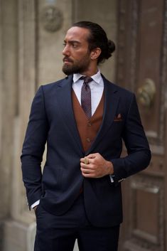 Bojoni Shagori Slim Fit Striped Navy Blue Suit | BOJONI Mens Dark Blue Wedding Suit, Blue Suit With Brown Vest, Navy Suit With Brown Tie, Mens Blue Suit Outfit, Blue Suit With Vest, Blue Wedding Suit Groom Navy, Brown Suit Blue Shirt, Navy Blue Suit Men Color Combinations, Blue Suit Brown Tie