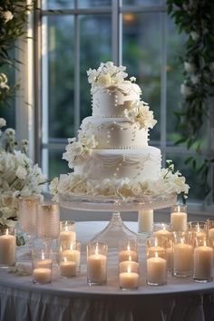 a white wedding cake surrounded by candles on a table in front of a large window