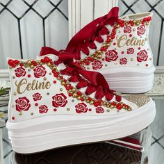 🌸 Step into your Sweet Sixteen or Quinceañera party with an air of elegance and panache, courtesy of our exquisite Flowers Style Custom Converse Shoes. These aren't your run-of-the-mill sneakers; they've undergone a regal transformation exclusively for your special birthday celebration. 🌸 Who says sneakers can't be both sophisticated and comfortable? Well, we're tossing that rulebook out the window! Our Converse shoes are tailor-made for dancing the night away without any foot-related concerns Quinceanera Sneakers, Quinceañera Hair, Sweet 16 Shoes, Quince Shoes, Red And Gold Quince, Custom Converse Shoes, Fifteenth Birthday, Bedazzled Shoes, Quince Dresses Mexican