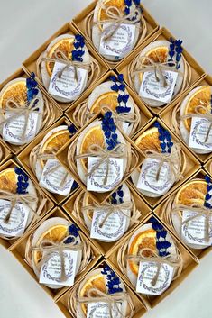 a box filled with orange slices on top of a table