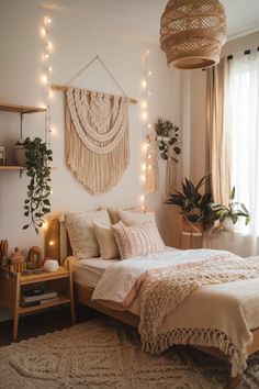 a bedroom decorated in neutral tones with string lights