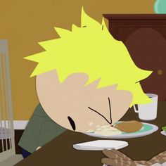 a cartoon boy eating food at a table