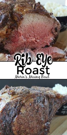 the rib eye roast is ready to be cooked in the oven and served with mashed potatoes