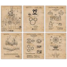 four drawings of disney's castle and other things in the same drawing style on old paper